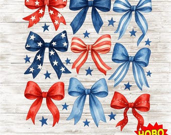 Patriotische Bögen PNG Clipart, rot weiß blaues Band Sublimationsdesign, Girly 4. Juli DTF Heat Transfer, transparenter digitaler Download