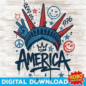 Estátua da Liberdade PNG, Grafite, Bandeira dos EUA, Design de Sublimação em Negrito, Arte Patriótica Urbana, Camiseta American Girl