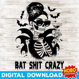 Bat Shit Crazy Halloween SVG PNG, Upiorny sezon czarownicy Messy Bun Skull Png, Modny Halloween png, Jesień png, humor halloween png