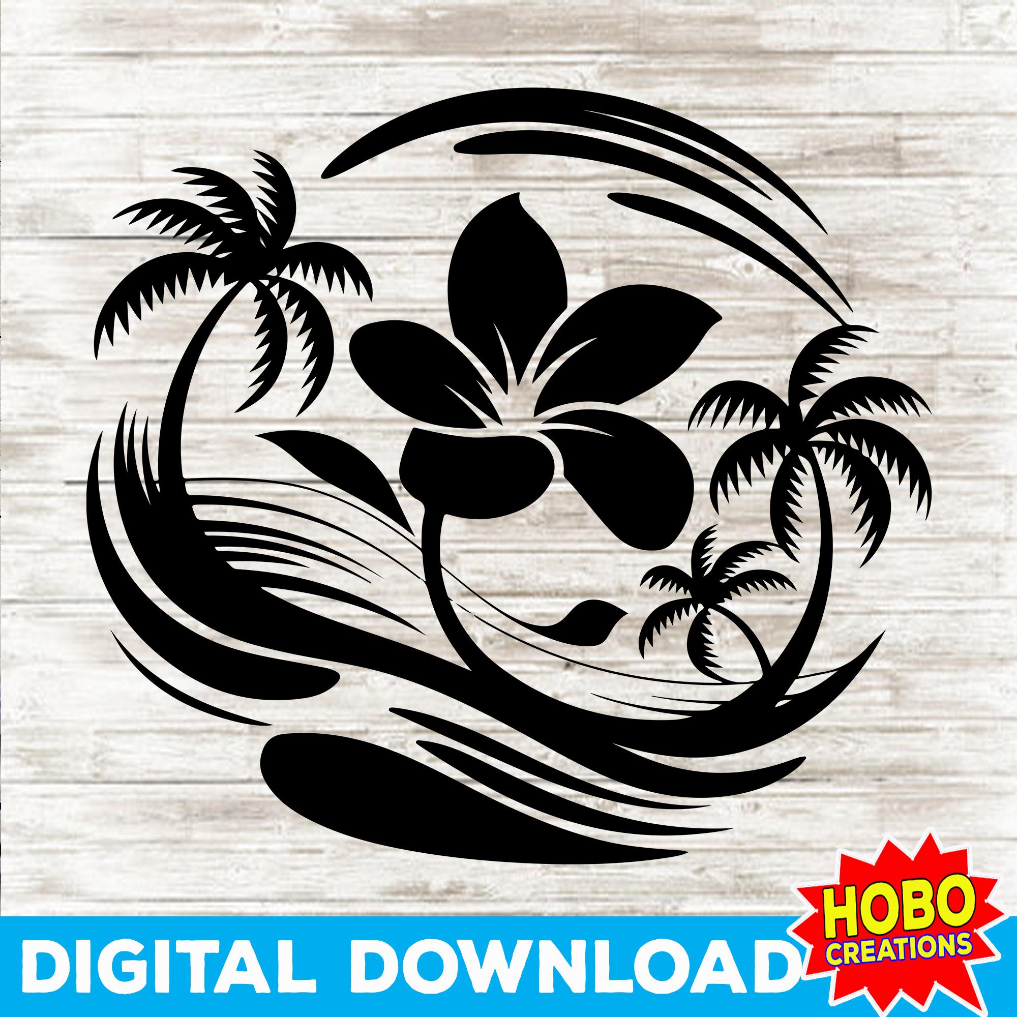 Tropical Hibiscus Flowers Beach Scene SVG, Palm Trees Cut File for ...