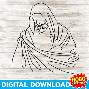 Jezus Christus silhouet SVG PNG, enkele regel kunst digitale download, christelijke clipart, zwart-wit religieus ontwerp, Cricut Cut-bestand