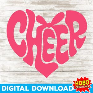 Puede incluir: Diseño en forma de corazón rosa con la palabra "CHEER" escrita en una fuente retro.