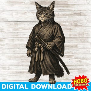 Samurai Cat PNG – Cool Katana Warrior Cat Digital Download, Japanese Anime Style Martial Arts Cat Clipart for Shirts Sublimation design