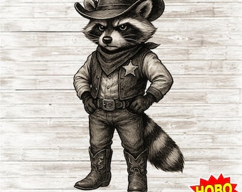 Raccoon Cowboy PNG, Funny Western Animal T-Shirt Design, Vintage Trash Panda Clipart, Cowgirl Country Digital Download for DIY