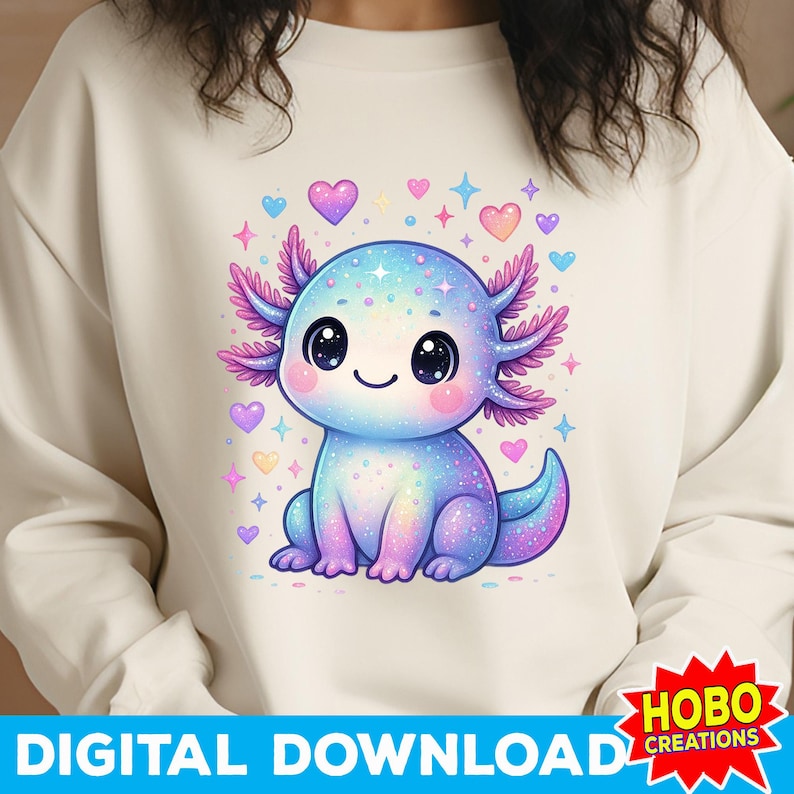K&ouml;nnte beinhalten: Cremefarbenes Sweatshirt mit einem bunten Cartoon-Axolotl-Design. Der Axolotl ist blau, lila und rosa, mit gro&szlig;en schwarzen Augen und einem l&auml;chelnden Gesicht. Herzen und Sterne umgeben den Axolotl. Der Text "DIGITAL DOWNLOAD" ist unten aufgedruckt.