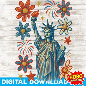 Estátua da Liberdade retrô de 4 de julho PNG, clipart vintage da América, arte digital da bandeira dos EUA, design de camisa patriótica para meninas, download digital