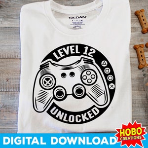 12. Geburtstag Junge SVG, Level 12 SVG, Level 12 freigeschaltete Videospiele SVG, Geburtstags-Gamer-Svg, lustige Kinder-Tshirt-Svg, Gaming-Svg-Png-Cricut-Datei