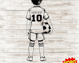 Può includere: Illustrazione in bianco e nero di un giovane calciatore che indossa una maglia con il numero 10 e tiene un pallone da calcio.