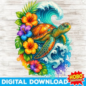 Sea Turtle PNG Sublimation Design, Ocean Summer Clipart With Tropical Flowers, Beach T-Shirt Art, DTF Print, Instant Digital Download PNG