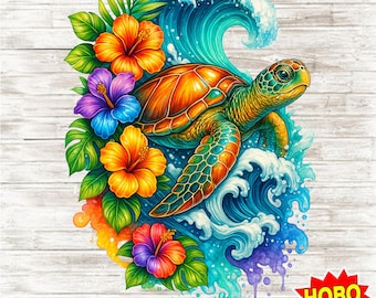 Sea Turtle PNG Sublimation Design, Ocean Summer Clipart With Tropical Flowers, Beach T-Shirt Art, DTF Print, Instant Digital Download PNG