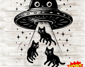 Funny Cat UFO PNG – Cute Alien Abduction Cat Digital Design for Sublimation, Humor Space Clipart for Shirts, Mugs, Stickers, and Gifts
