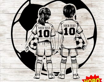 May include: Black and white silhouette of two children wearing soccer jerseys with the text "YOUR TEXT 10" on the front, standing in front of a soccer ball.