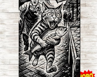 May include: Black and white illustration of a cat running away with a fish, pursued by a man. The cat has wide eyes and an open mouth. The image includes the text "DIGITAL DOWNLOAD" and "HOBO CREATIONS".