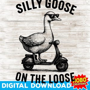Pode incluir: Ilustração a preto e branco de um ganso de óculos de sol a andar de scooter. O texto acima diz "SILLY GOOSE" e abaixo "ON THE LOOSE". As palavras "DIGITAL DOWNLOAD" também estão presentes.