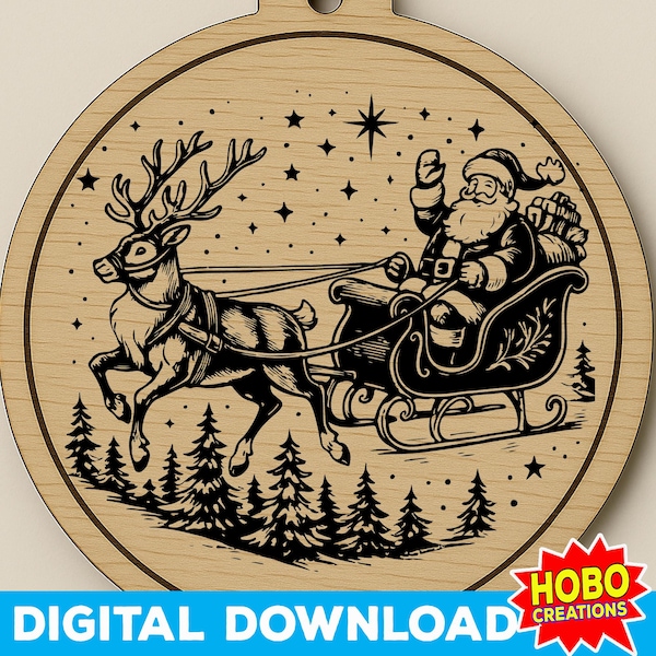 Christmas Cutting Board SVG PNG, Santa Sleigh Reindeer Scene for Laser Engraving, Holiday Charcuterie Board Kitchen Decor Digital File
