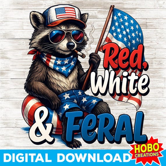 Red White And Feral PNG, Funny 4th Of July Raccoon Clipart, Patriotic Hotdog Raccoon Art, Merica Digital Download, Feral USA Shirt PNG