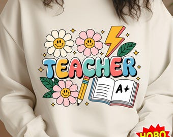Retro Teacher png , Teacher sublimation, Teacher png design download, Teacher shirt png, Smiley face teacher png, Teacher appreciation png