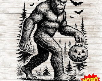 Spooky Halloween Bigfoot Pumpkin PNG – Funny Sasquatch Sublimation Design, Creepy Cute Fall Shirt Art, Digital Download for Halloween