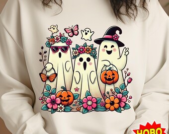 Retro Floral Ghosts PNG | Cute Halloween Ghosts with Vintage Floral Accents | Spooky Season Boujee Ghosts | Ghosts with Flowers PNG Design