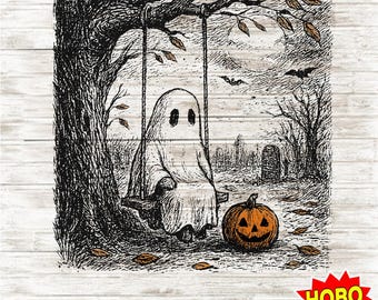 Ghost Pumpkin Halloween PNG, Spooky Ghost with Jack O Lantern Clipart, Retro Fall Sublimation, Vintage Halloween Shirt Digital Download