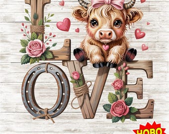 Mucca delle Highlands di San Valentino in formato PNG, Clipart d'amore, Impronta di mucca leopardata ad acquerello, Graziosa borsa regalo di San Valentino in formato PNG, Design a sublimazione digitale