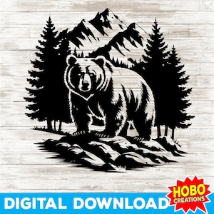 Cena de urso SVG para corte a laser, arquivo de corte de vida selvagem de cordilheira, silhueta de floresta para Cricut e sublimação, download digital