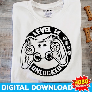 14º aniversário menino Svg nível 14 Svg nível 14 videogames desbloqueados Svg Birthday Gamer Svg, camiseta infantil engraçada svg, jogos svg png arquivo cricut