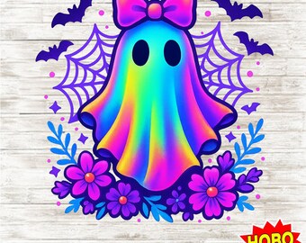 Rainbow Ghost PNG with Bow, Cute Pastel Halloween Sublimation Clipart, Spooky Season Digital Download, Kawaii Ghost with Flowers Bats