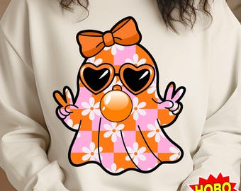 Leuke girly spookblazende bellenblaas png, schattig spookherfstshirt, sublimatieontwerp, retro spookbloemen png, Halloween geruite spookstrik png