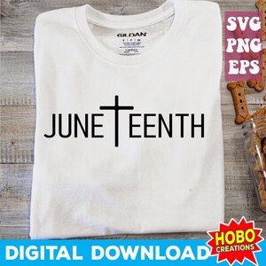 May include: White t-shirt with the text "JUNE TEENTH" and a black cross in the center.