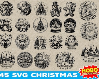 Merry Christmas SVG Bundle Files, Christmas Tree, Santa, Snowman, Reindeer, Laser Engraving File 45 Engraving Design for Cutting Board Gift