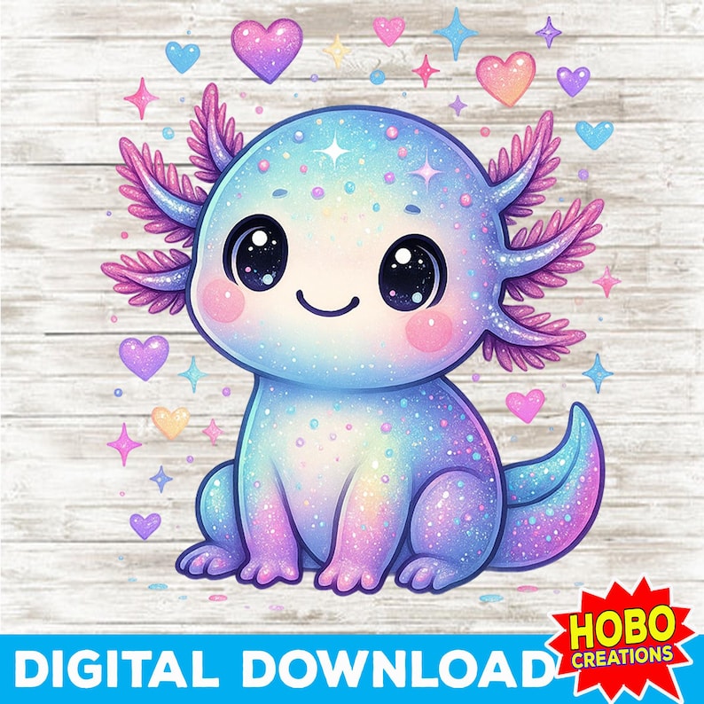 K&ouml;nnte beinhalten: Digitaler Download einer Grafik eines niedlichen Axolotls in Blau-, Lila- und Rosat&ouml;nen, mit gro&szlig;en Augen und einem l&auml;chelnden Gesichtsausdruck. Das Axolotl ist von Herzen und Sternen umgeben. Der Text "DIGITALER DOWNLOAD" befindet sich unten.