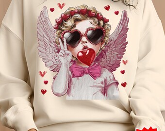 Retro Cupid Valentine Blowing Bubble PNG, Happy Valentine's Day Png, Funny Cupid With Sunglasses Valentines Day Sublimation Digital Download