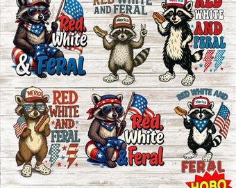 Red White And Feral PNG Bundle, Funny Raccoon Clipart Pack, Trendy 4th Of July USA Flag PNGs, Merica Shirt Designs, Feral Animal Art Digital