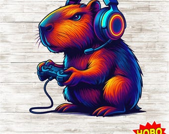 Neon Capybara Gamer PNG, Funny Gaming Animal Clipart, Cool Capybara Headphones Controller Sublimation, Digital Download for T-Shirts