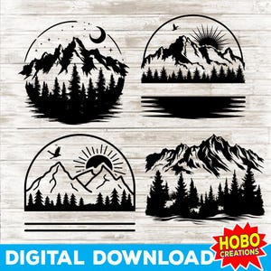 May include: Four black and white digital illustrations of mountain scenes. Each scene features a mountain range, trees, and a body of water. The top left scene features a crescent moon and stars. The top right scene features a sun. The bottom left scene features a sun. The bottom right scene features a mountain range with trees in the foreground.
