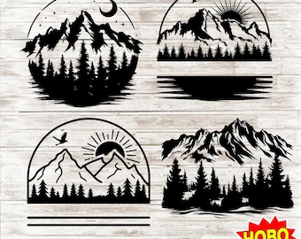 Bergspaket svg, sol, sjö och skog Monogram SVG, soluppgång svg, utomhus svg, berg Clipart, silhuett, Cricut, digital nedladdning