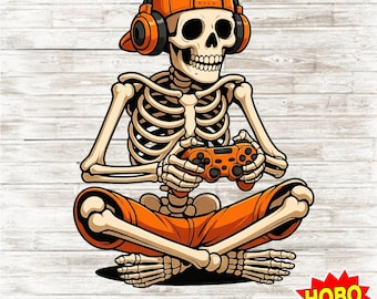 Cool Skeleton Gamer PNG, Funny Halloween Gaming Clipart, Retro Skull With Headphones and Controller, Spooky Gamer Digital Download Art