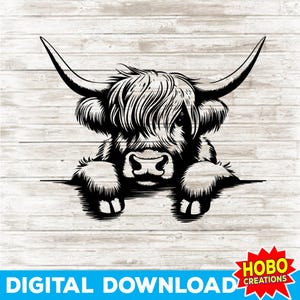 Highland Cow SVG PNG, Peeking Cow Clipart, Farmhouse Animal Cut File, Rustic Country Design for Cricut & Silhouette, Instant Download