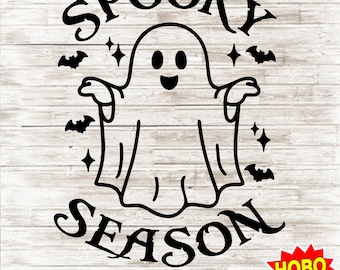 Może przedstawiać: Czarno-biały projekt do pobrania cyfrowego przedstawiający ducha z uśmiechniętą twarzą i tekstem "Spooky Season".