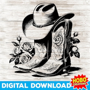 Cowboylaarzen SVG PNG, cowgirllaarzen png, cowboyhoed, westerse kunst, westerse bloemen svg, land meisje cadeau, westerse sublimatie ontwerp