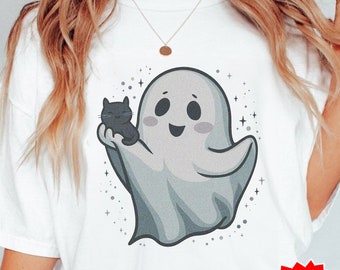 Joli fantôme PNG, chat noir png, Halloween png, tendance png, Spooky Season png, chat d'halloween png, chat fantôme png, fantôme d'Halloween png
