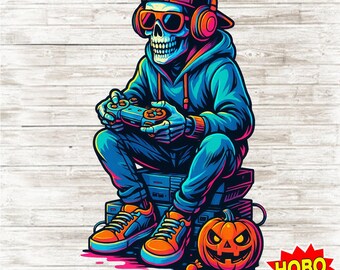 Neon Gamer Skeleton PNG, Halloween Gaming Sublimation Design, Spooky Skull Gamer Hoodie Clipart, Digital Download for T-Shirts & Decor