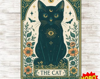 The Cat Mystical Tarot Card PNG – Black Cat Witchy Digital Art, Occult Moon Magic Clipart, Halloween Esoteric for Shirts ,Sublimation design
