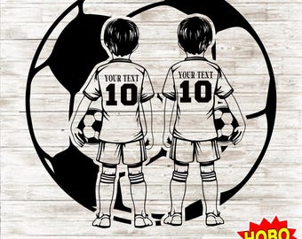 May include: Black and white illustration of two soccer players standing back to back in front of a soccer ball. The players are wearing jerseys with the text "YOUR TEXT 10" on the back.