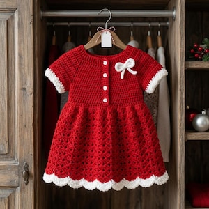 Könnte beinhalten: Ein leuchtend rotes Häkelkleid mit kurzen Ärmeln mit weißem Rand, einem gewellten weißen Saum und einer Knopfleiste mit vier kleinen weißen Knöpfen. Eine kleine weiße Garnschleife ist am oberen linken Brustbereich des Oberteils befestigt.