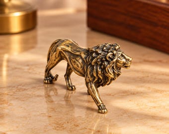 Brass Lion Figurine, Miniature Lion Statue, Vintage Style Animal Sculpture, Safari Desk Decor, Wildlife Ornament, Lion Gift for Him
