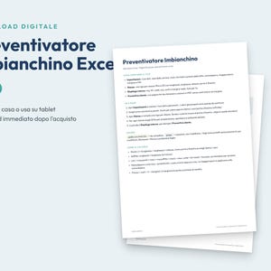 May include: A digital Excel spreadsheet template for painter estimates titled Preventivatore imbianchino. The document features sections for settings, printing, and client summaries with instructions in Italian on a white background.