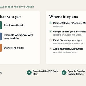 What you get: blank Christmas budget workbook, example workbook with sample data and a Start Here PDF guide; opens in Excel on Windows or Mac and in Google Sheets.