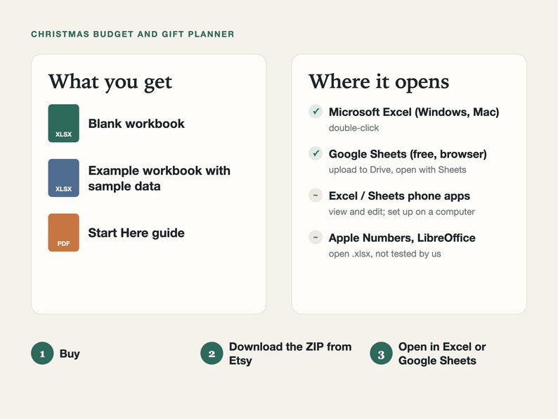 What you get: blank Christmas budget workbook, example workbook with sample data and a Start Here PDF guide; opens in Excel on Windows or Mac and in Google Sheets.